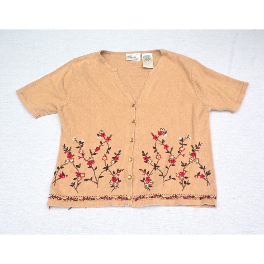 Vintage Kathie Lee Collection Womens M Tan Beaded Floral Cardigan Short Sleeve
